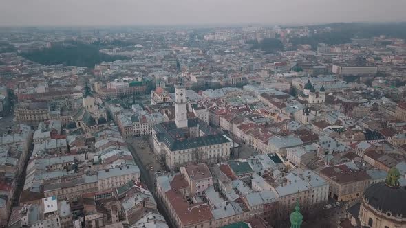 Aerial City Lviv, Ukraine. European City. Popular Areas of the City. Dominican