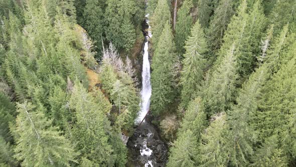 High above Miriam Falls located in the Skagit Valley of Washington, USA, aerial