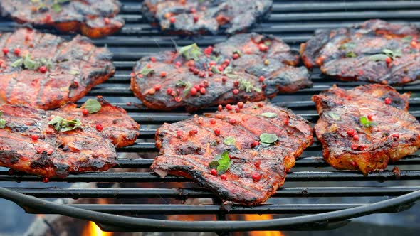 Tasty and spicy pork neck with spices on a hot grill in summer