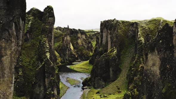 Drone Over Fjaora River And Fjaorargljufur Canyon