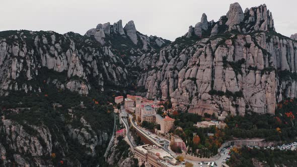 Picturesque Aerial View of Santa Maria De Montserrat Monastery on Mountain Montserrat in Barcelona