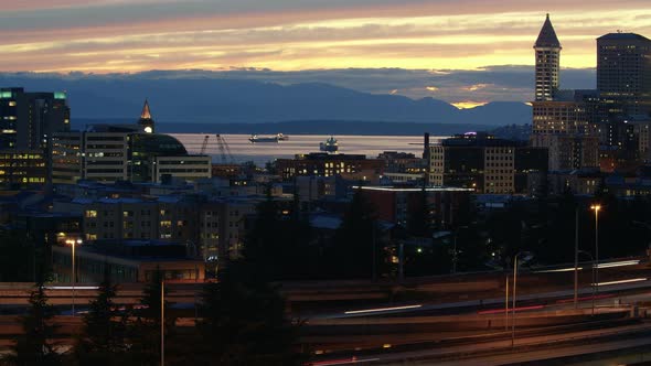 Hdr Cityscape Time Lapse Seattle Downtown Waterfront Mountain View