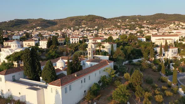 Aerial View of Spetses Old Town and Marina or Seaport Greece  Drone Videography