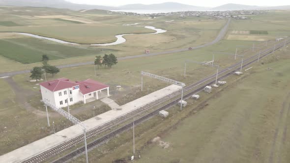 Samtskhe-Javakheti, Georgia - August 20 2021: Aerial view of Pokani railway station