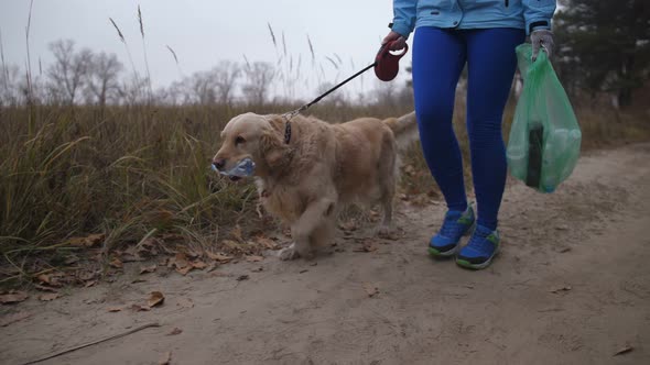 Female Owner with Dog Doing Plogging in Woodland