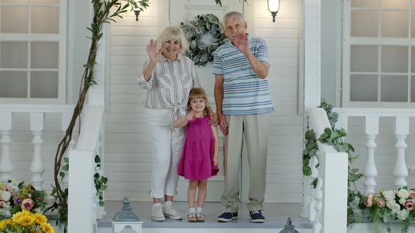 Senior Grandfather and Grandmother Couple with Granddaughter Waving Hand, Smiling, Saying Hello