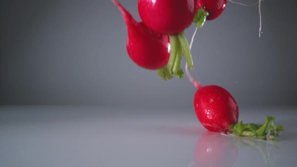 Radishes falling on water surface. Slow Motion.