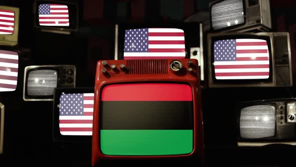 Pan African Flag and US Flags on Retro TVs.