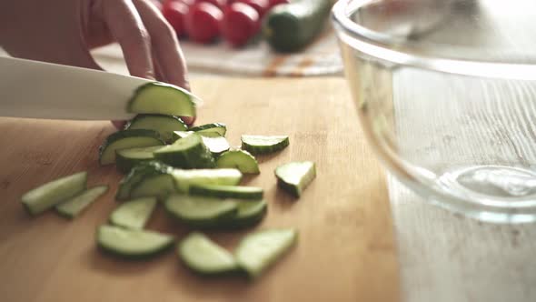 Cut The Green Cucumber With A Ceramic Knife