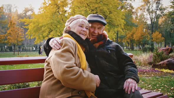 Happy Grandparents in Elegant Outerwear are Talking Hugging and Smiling While Sitting on Bench in