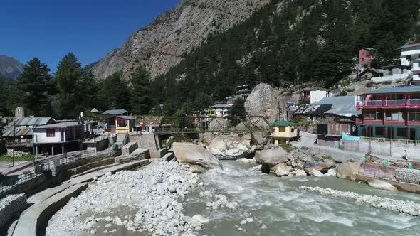 Gangotri village in the state of Uttarakhand in India seen from the sky