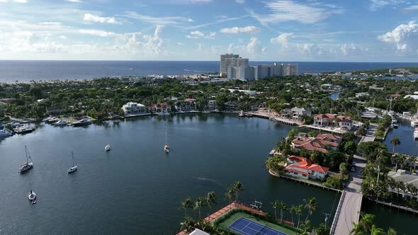 Aerial view over Lake Sylvia in Fort Lauderdale looking to the ocean