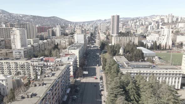 Tbilisi, Georgia - March 3 2021: Flying over Vaja Pshavela Avenue