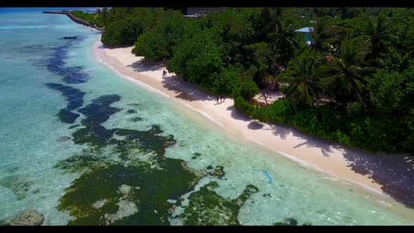 Aerial drone shot panorama of perfect coast beach vacation by aqua blue ocean with bright sand backg