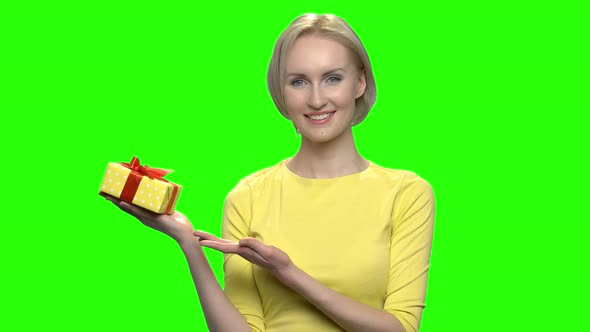 Smiling Happy Woman with Gift Box Yellow Gift Box