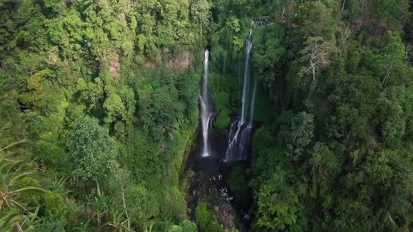 Aerial View of Waterfall in Green Rainforest