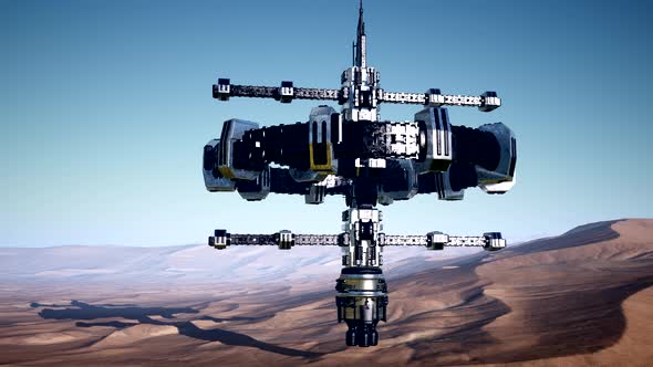 Alien Spaceship Rotate Over Desert. Ufo