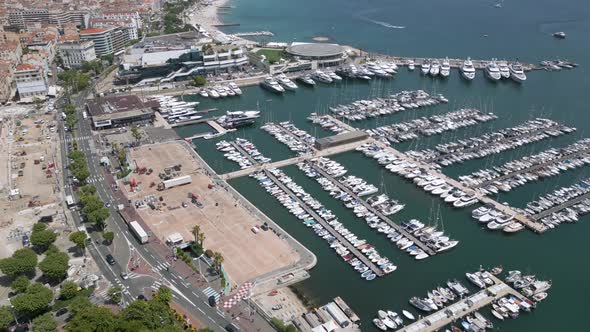 Drone shot of Cannes city in Cote d'Azur region (French Riviera) of France