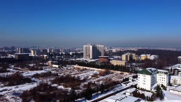 Aerial view of a drone flying over the city