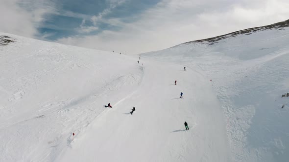 Livigno Italy  February 21 2022 People Snowboarding Skiing at Ski Resort