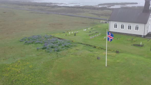 Iceland Flag with church aerial