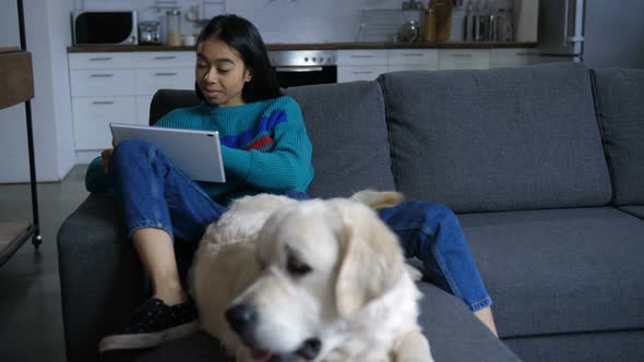 Cute Indian Woman Surfing Internet and Petting Dog