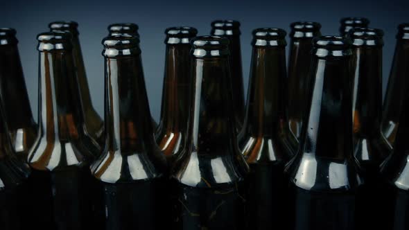 Empty Beer Bottles Lined Up Moving Shot