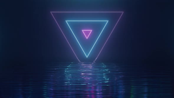 Shining Pink-blue Neon Triangles Over Water