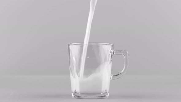 Milk Pouring Into Glass Mug Close Up Isolated on Light Grey Background