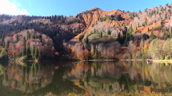 A Tranquil Calm Lake in the Red Forest in Autumn