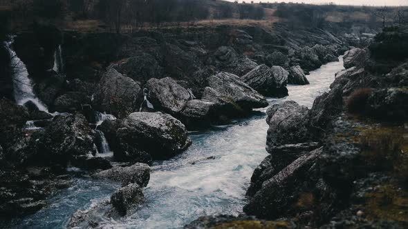 Niagara Waterfall on the river Cijevna on cloudy weather in Podgorica, Montenegro