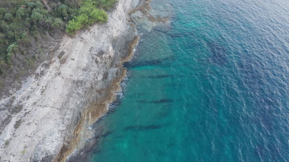 Aerial top down shot of a beautiful shore with turquoise clear water on the right side of the frame.