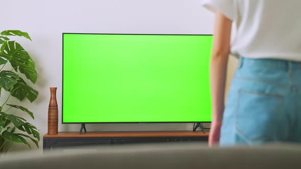 TV Green Screen in living room with tree and lamps.