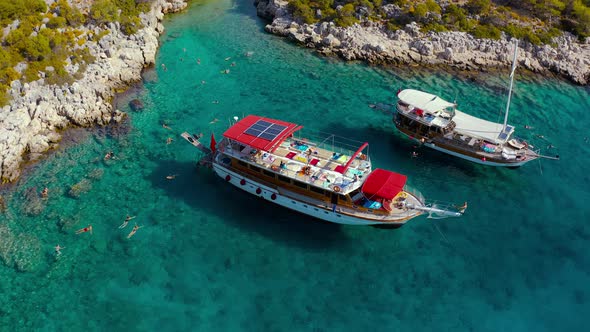 Aerial Top View Tourist Boats in Mediterranean Sea