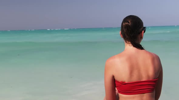 Young Woman in Sunglasses and Red Bikini Sitting and Looking at Ocean Rear View
