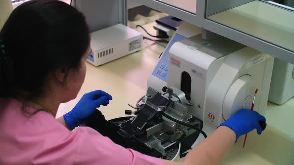A Woman Laboratory Assistant Makes a Pathoanatomical Examination of a Tumor Using Innovative