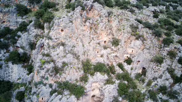 High angle drone aerial view of ancient greek lykian empire amphitheatre in Myra (Demre, Turkey)