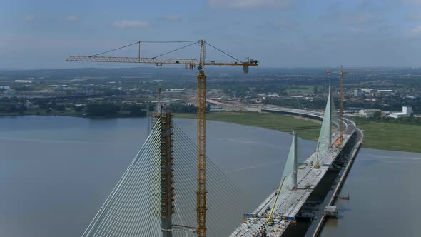 Aerial View of a Cable Stayed Bridge in the Late Construction Phase