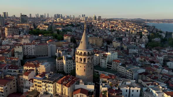 aerial view of galata tower at sunset 