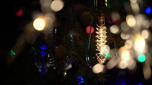 Sparklers and a Light Bulb Are Lit Against the Backdrop of a Christmas Tree