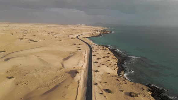 Aerial view of a road along the coast, Fuerteventura, Canary Islands, Spain.