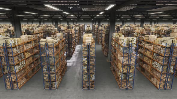 Horizontal camera move along the rows shelves in warehouse room.