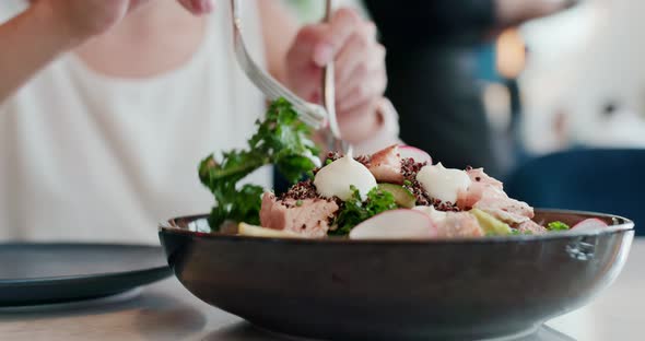 Woman Eat Salad Inside Restaurant