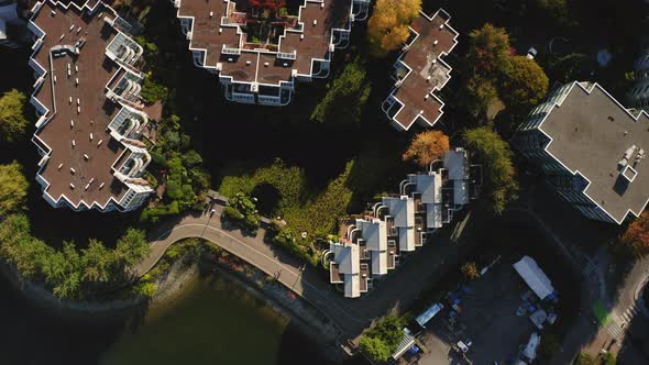 Top down aerial view of apartment buildings in Vancouver, Canada