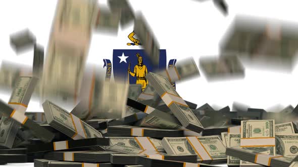 US Dollars Falling in front of Massachusetts State Flag