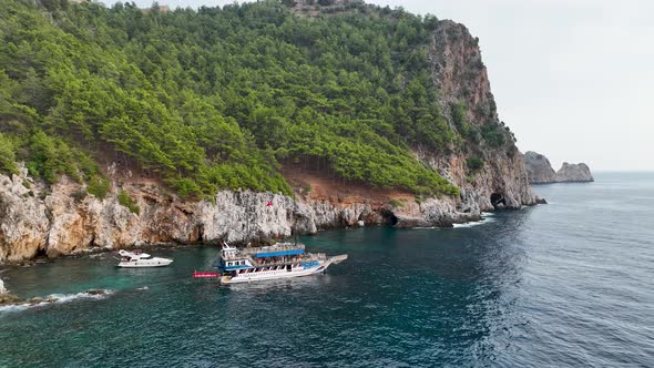 The Pirates yacht calls at the port aerial view 4 K Turkey Aanya