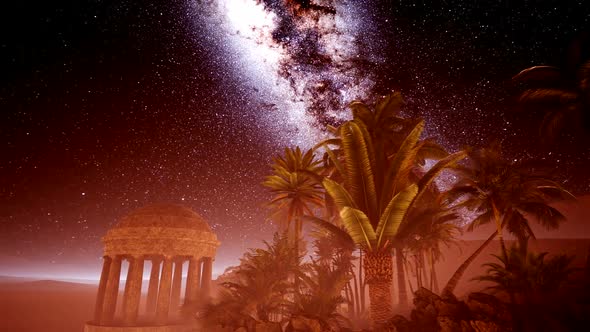 Ancient Roman Time Town in Desert and Milky Way Stars