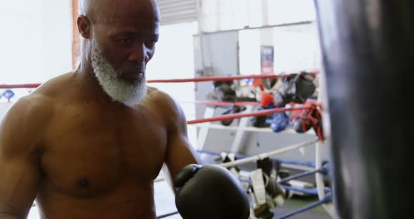 Senior man practicing boxing on the punching bag 4k