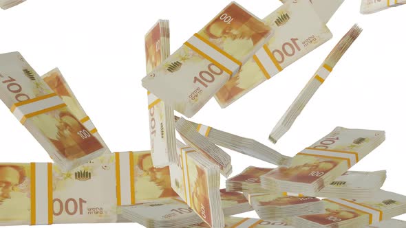 Many wads of money falling on table. 100 Israeli Shekel banknotes. Stacks of money.