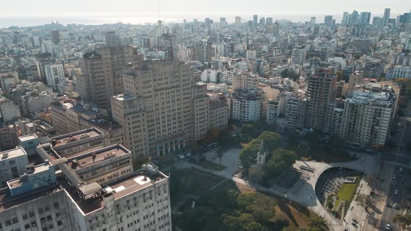 Aerial dolly in of Clinic Hospital and prestigious public Faculty of Medicine near Houssay Square, B